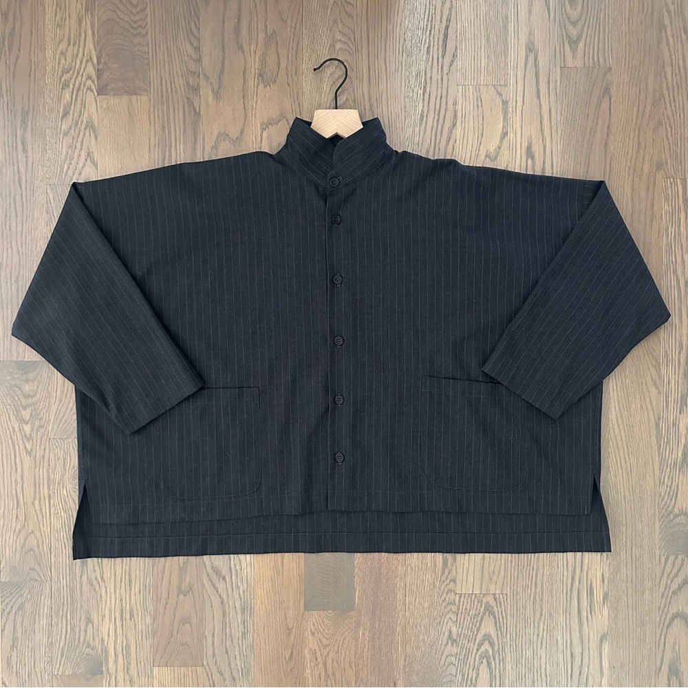 Eskandar Pinstripe Stand Collar Boxy Button Front Wool Cashmere Top Grey 1 / Med
